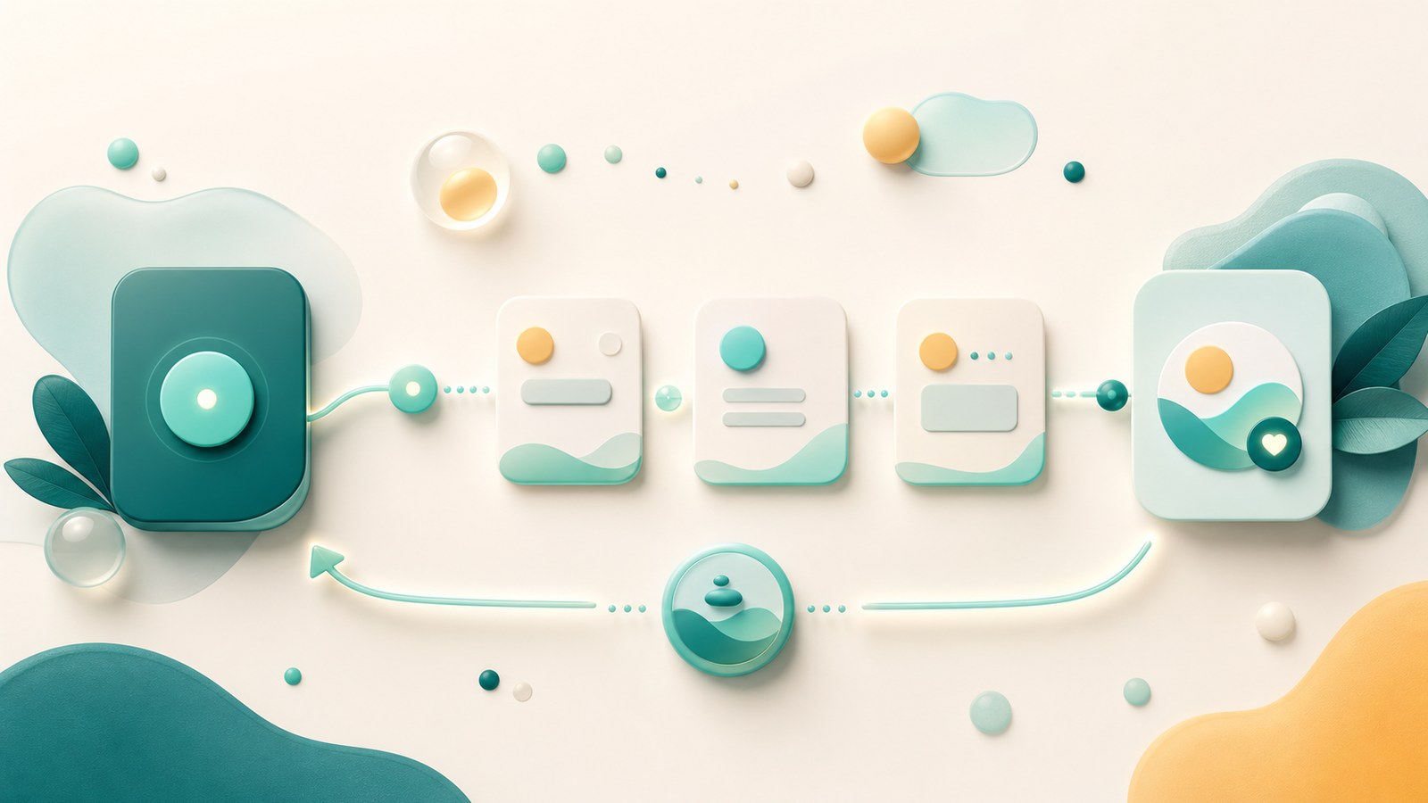 Abstract teal and mint productivity cards, reminder dots, and a recovery loop showing ADHD-friendly task initiation support