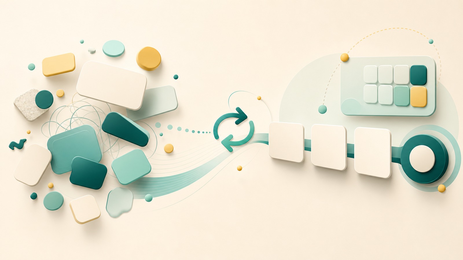 Abstract teal and mint planner board with rounded task tiles, reminder orbit, and reset loop on a warm off-white background.