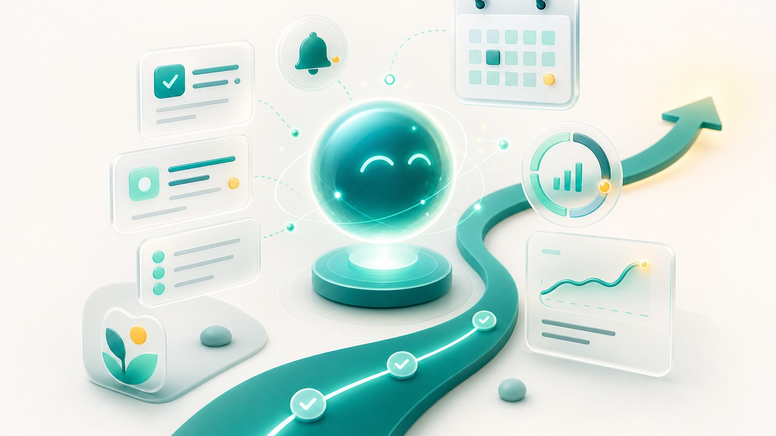 AI assistant orb coordinating tasks, reminders, habit rings, and a clear follow-through path