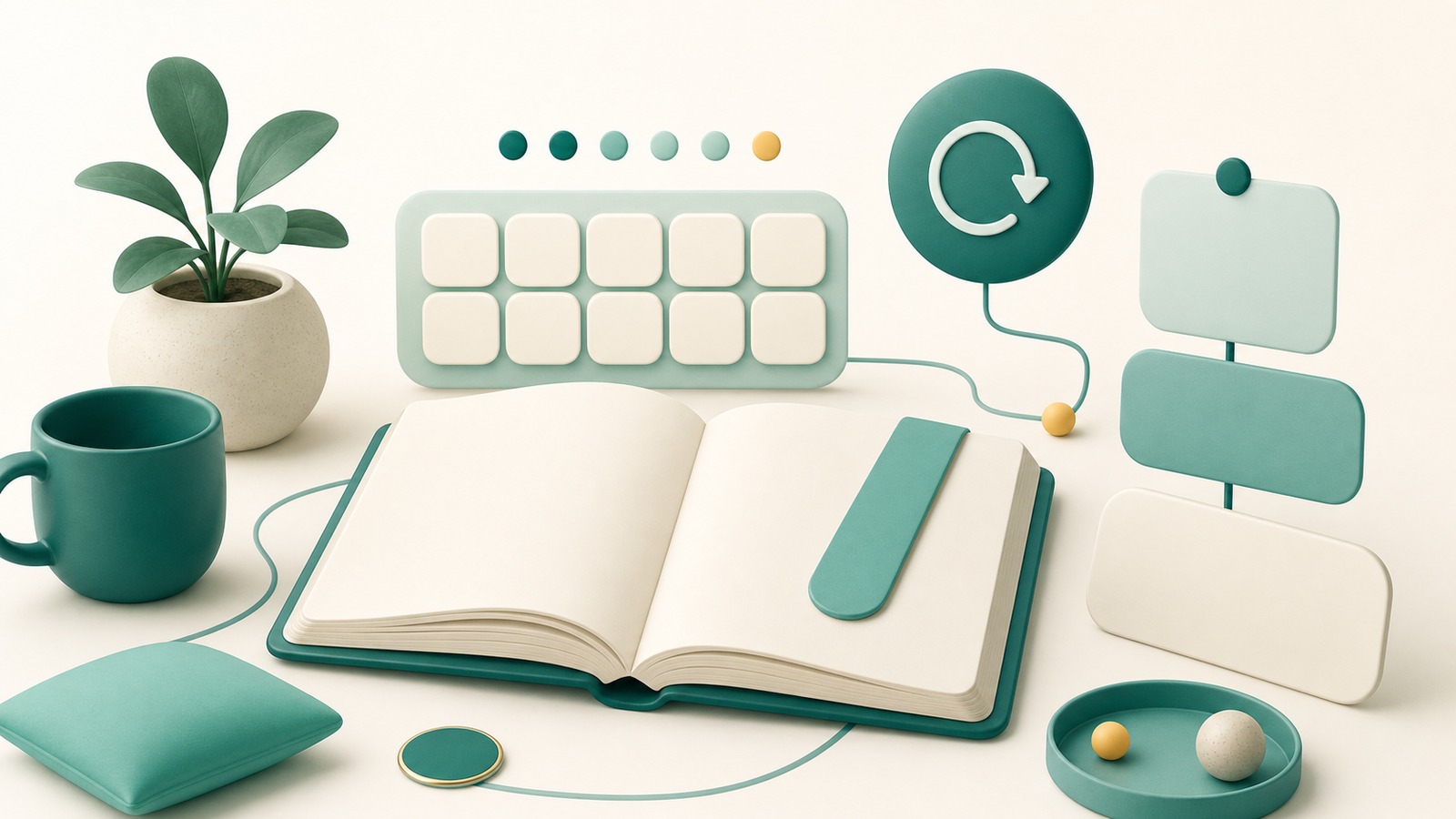 Abstract open book, blank planning tiles, and reset arrow illustrating a calm reading habit recovery system
