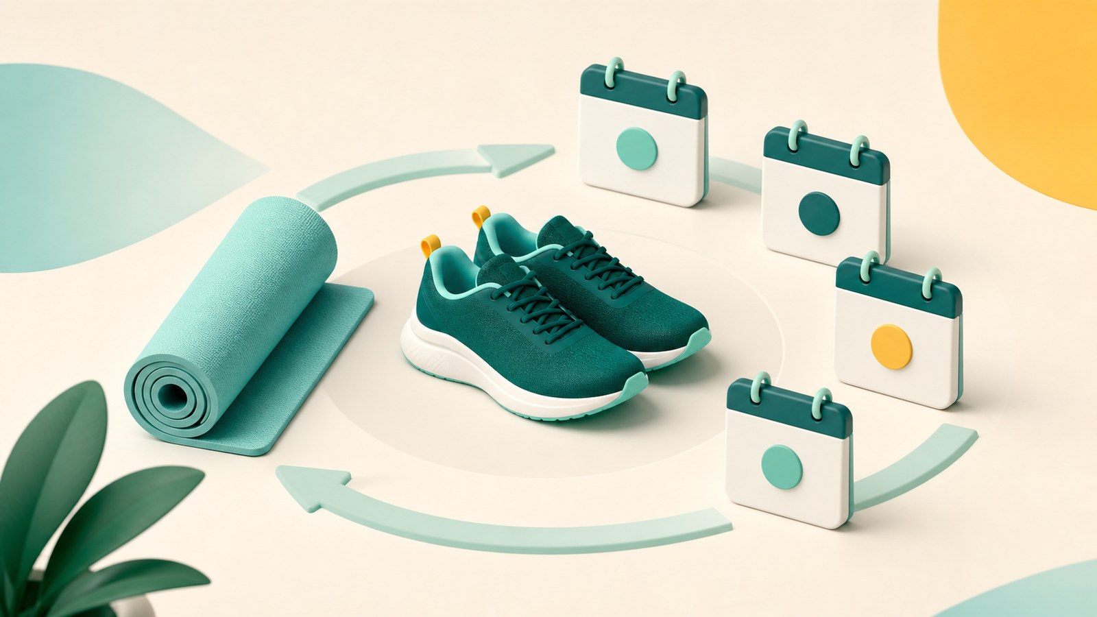 Teal workout shoes, yoga mat, and calendar cards showing a repeatable workout routine