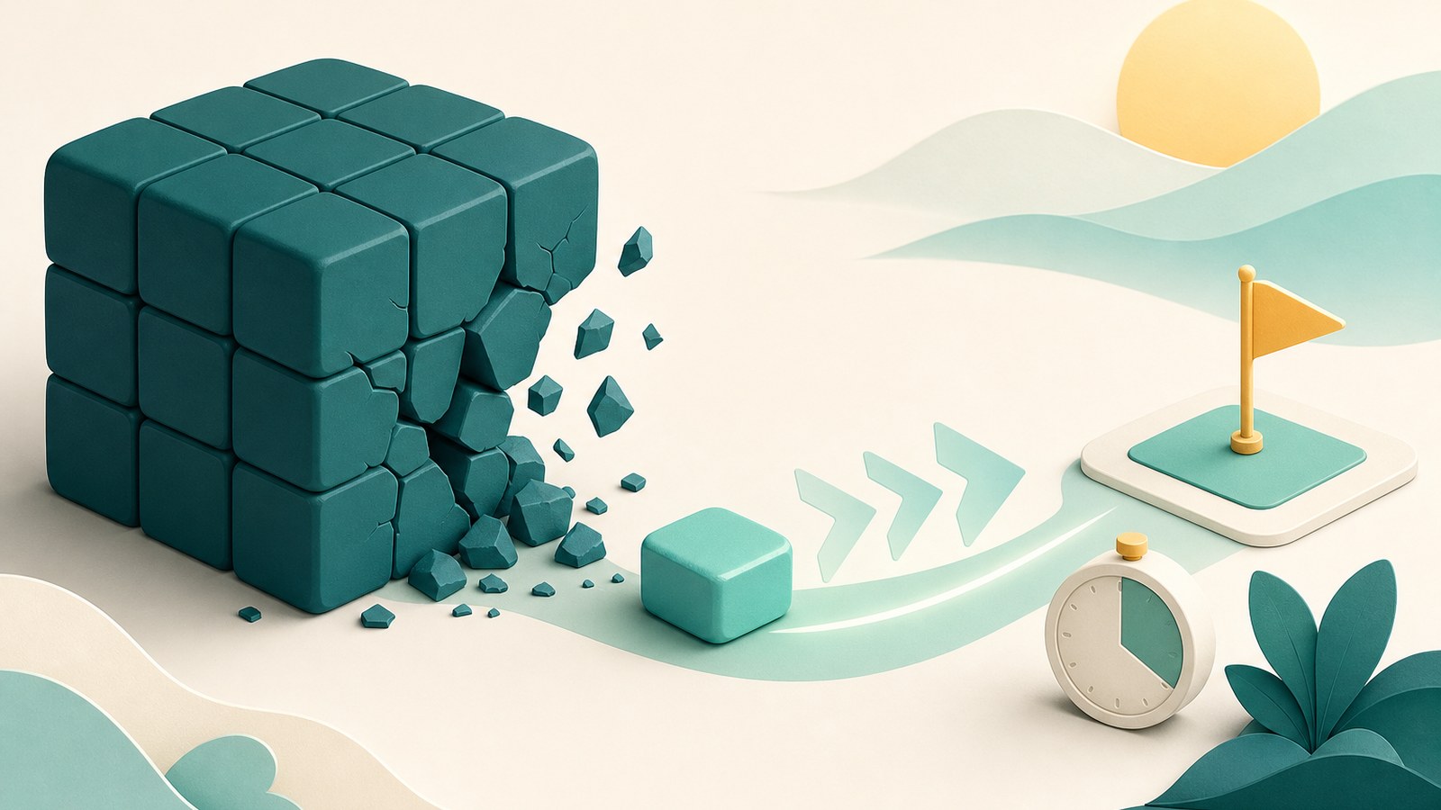 A stuck block breaking into a tiny first step with forward arrows and a calm starting line
